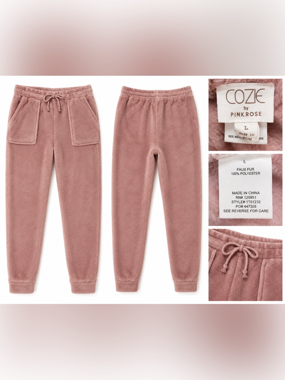 Cozie by Pink Rose Faux Fur Jogger Pants - Pink - Large